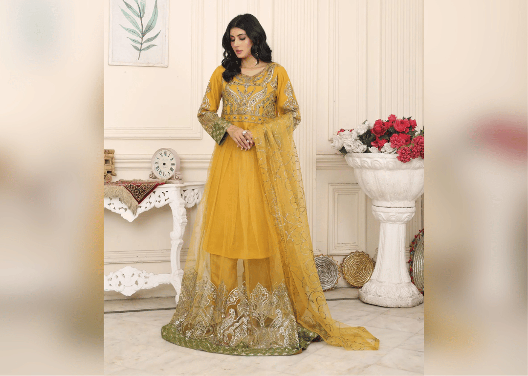 Golden Majesty - 3 piece Embriodered Net