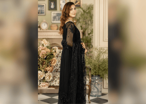 Embroidered Black Pakistani Kameez Trouser and Dupatta