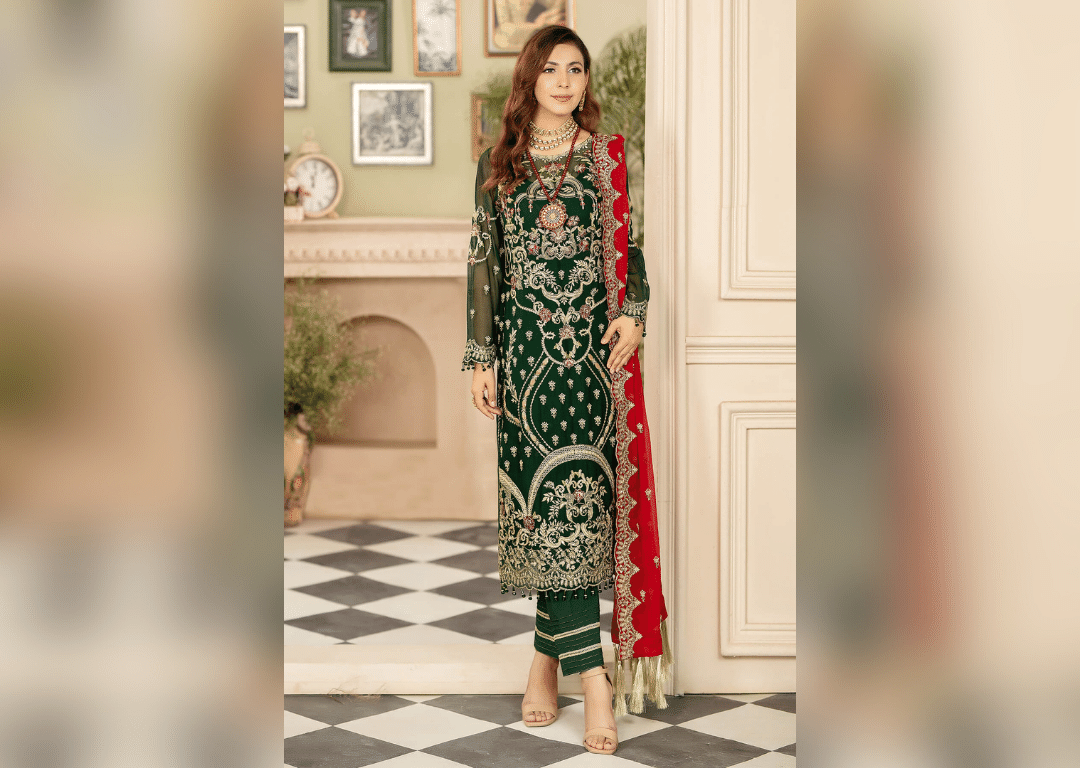 Embroidered Green Pakistani Salwar Kameez and Dupatta