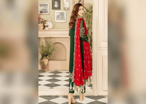 Embroidered Green Pakistani Salwar Kameez and Dupatta