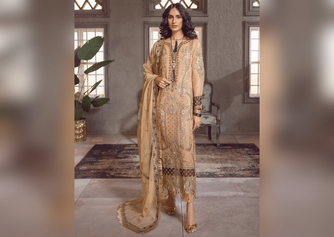 Gold Heavily Embellished Pakistani Salwar Kameez Suit with Dupatta