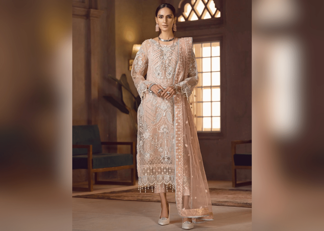 Peach Heavily Embroidered Long Pakistani Salwar Kameez Suit Dupatta