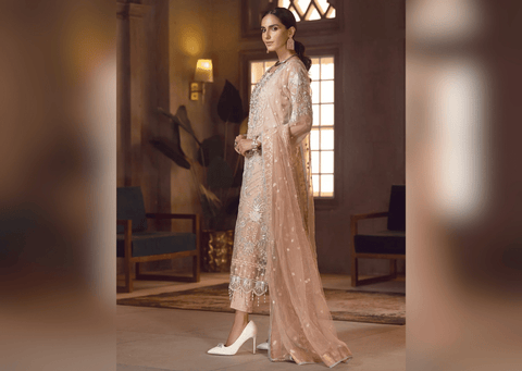 Peach Heavily Embroidered Long Pakistani Salwar Kameez Suit Dupatta