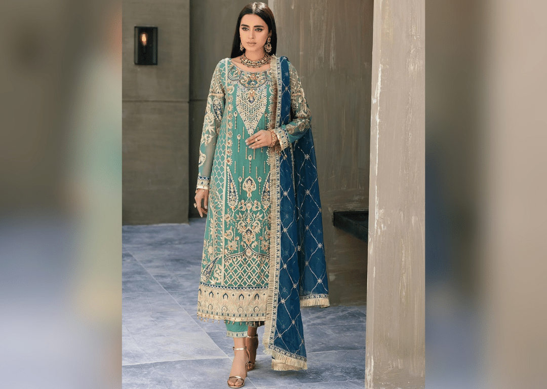 Sea Green Hand Embellished Pakistani Salwar Kameez Suit Blue Dupatta