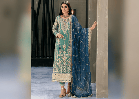 Sea Green Hand Embellished Pakistani Salwar Kameez Suit Blue Dupatta