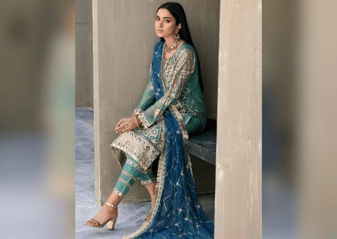 Sea Green Hand Embellished Pakistani Salwar Kameez Suit Blue Dupatta