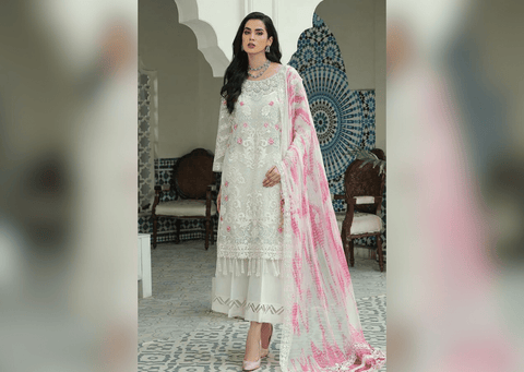 Floral Snow White Embroidered Pakistani Salwar Kameez Suit with Dupatta