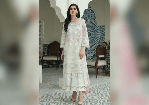 Floral Snow White Embroidered Pakistani Salwar Kameez Suit with Dupatta