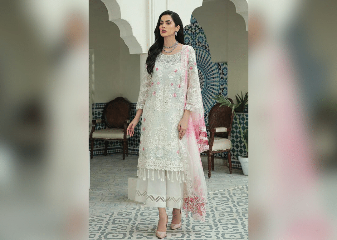 Floral Snow White Embroidered Pakistani Salwar Kameez Suit with Dupatta