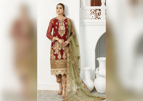 Classical Maroon Heavily Embellished Pakistani Kameez Salwar Suit